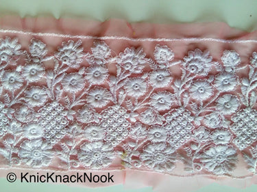 Pink Net Lace Trim With Embroidered White Flowers, Approx. 15cm Wide - 200317L174